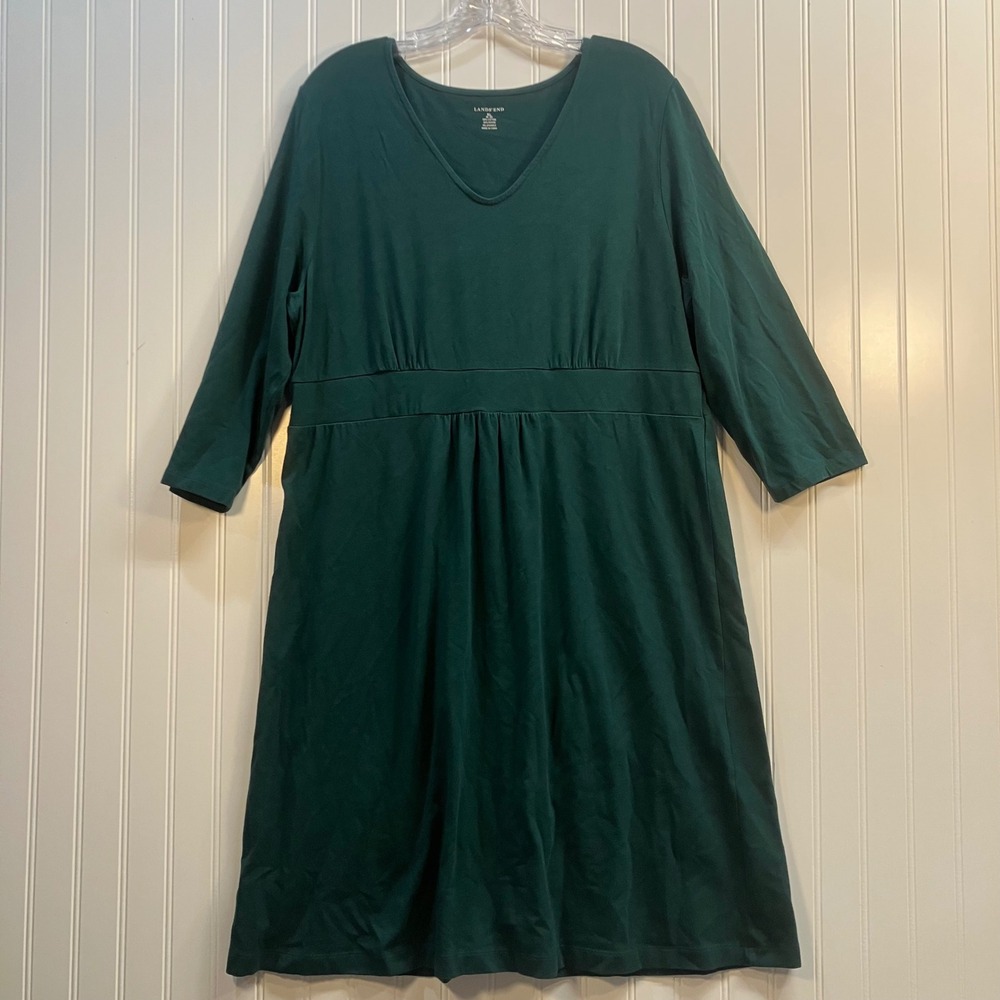 Lands End Women XL Forest Green Empire Waist V-Neck Jersey Dress 18-20 Stretch